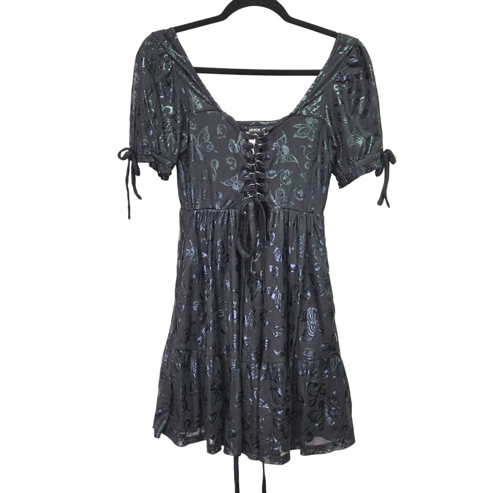 Dark Coquette Mall Goth Black Butterfly Skull Lace Up Mesh Mini Dress NWT S